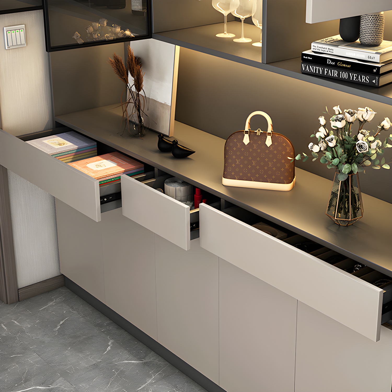 Accent Cabinet Rectangle Contemporary Glass Wood with Shelves - image 9