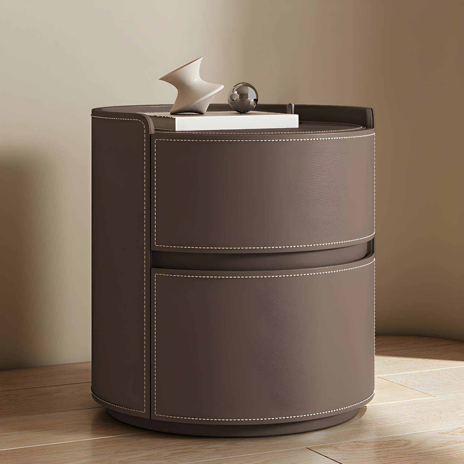 Modern Faux Leather Round Nightstand with 2 Drawers in Under 21 in. Narrow Size - image 2