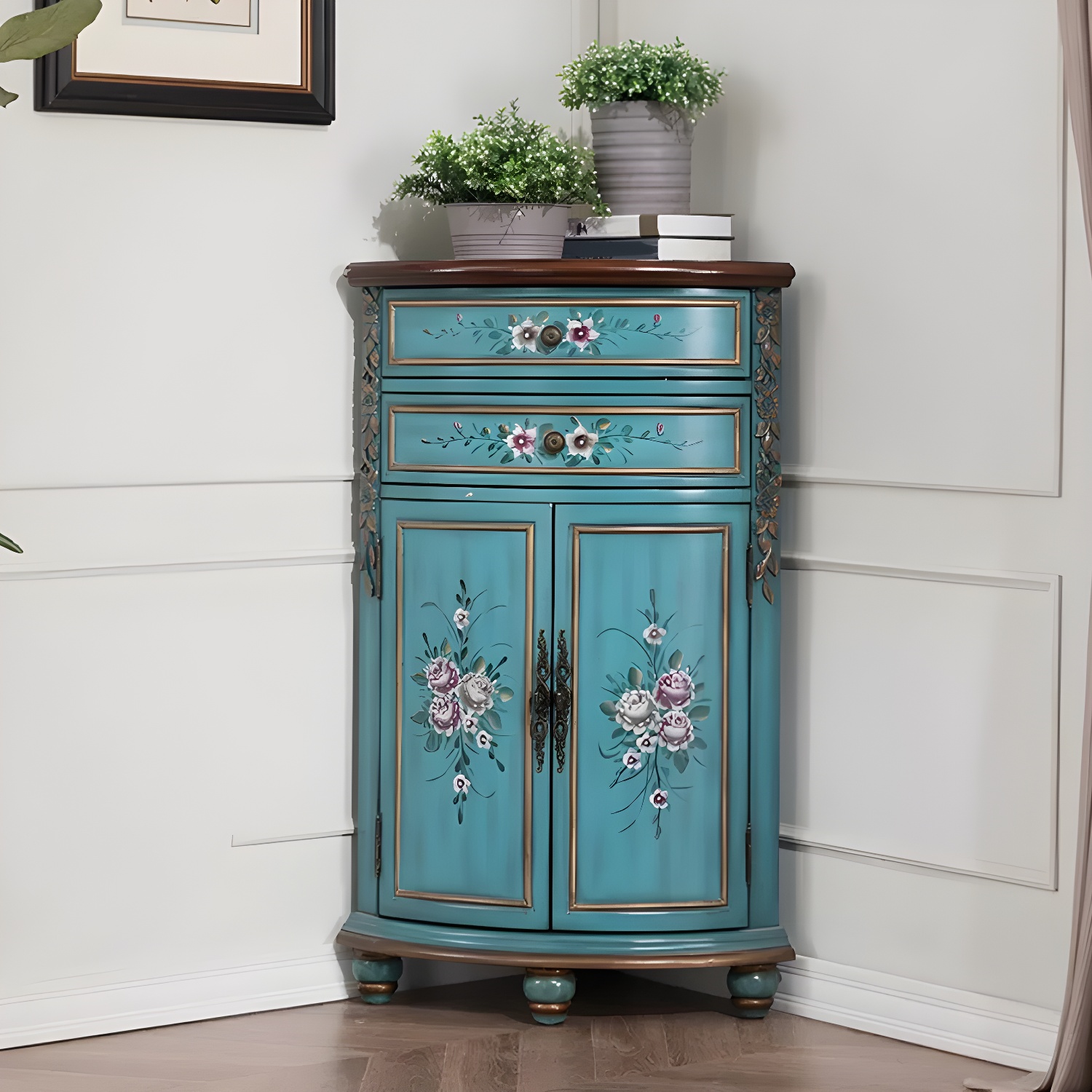 Rustic Corner Accent Cabinet with Wood Counter Top, Drawers, and Cabinet, Small Size