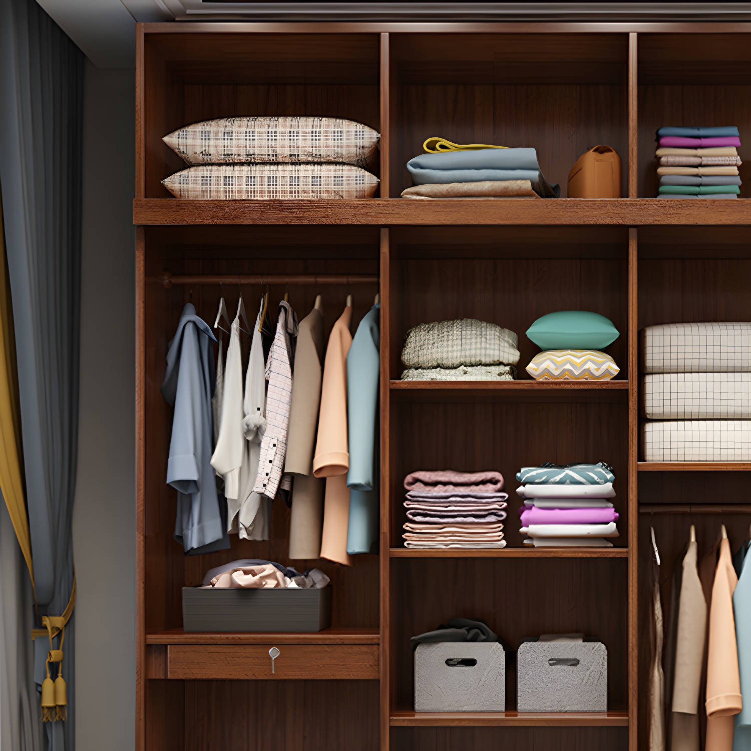 Wood Brown Rustic Wardrobe Armoire with Drawers & Shelves, Walnut Finish - image 7