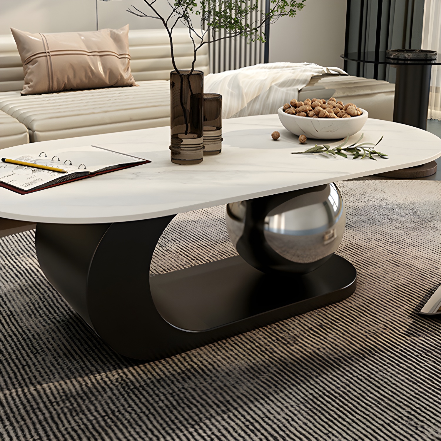 14"H Glam Coffee Table Slate Oval Pedestal Coffee Cocktail Table - image 11