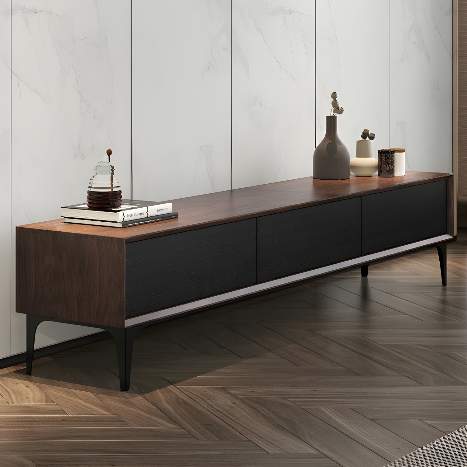 Scandinavian Style Wood TV Stand with Cable Management, Drawers Included - Low Height and With Legs - image 10