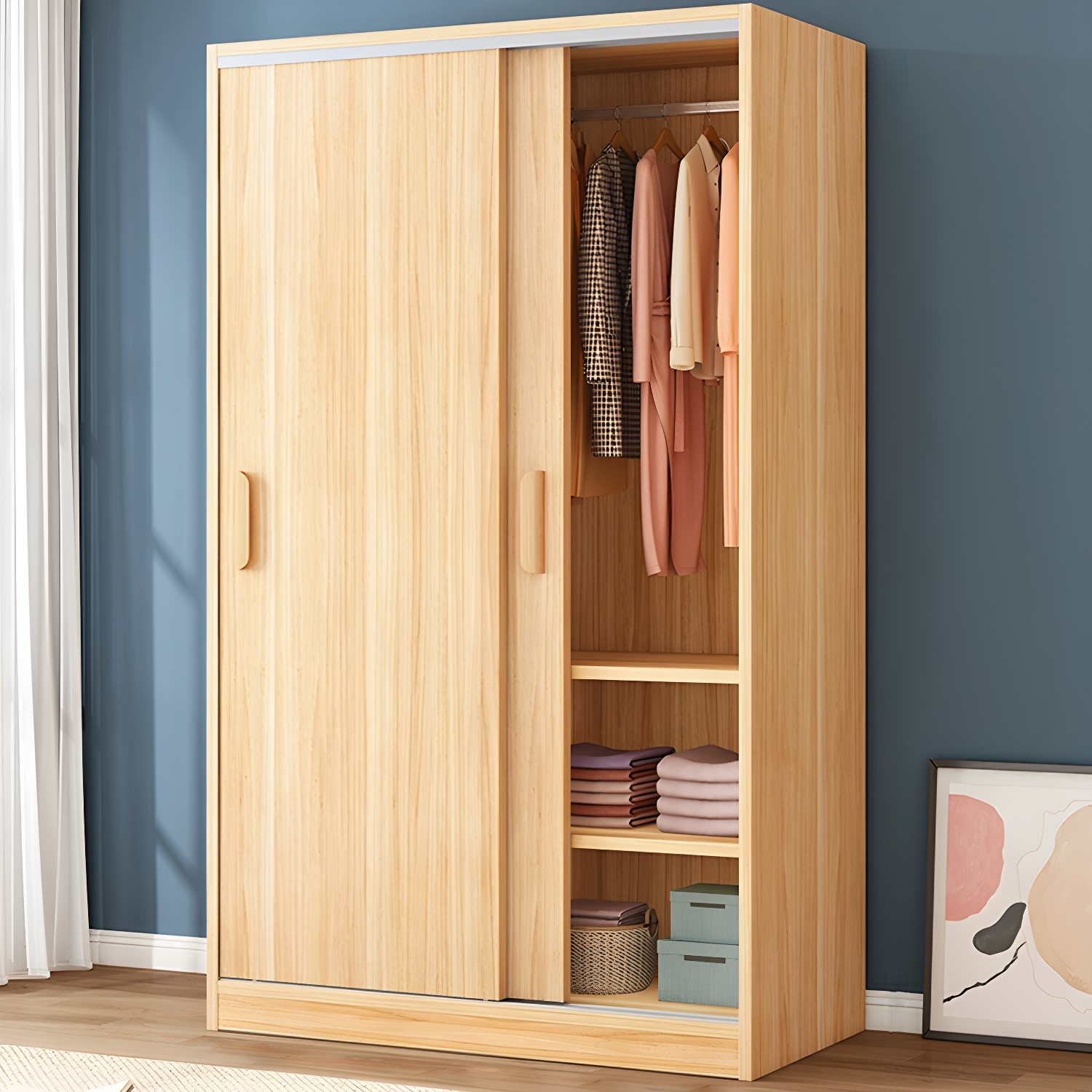 Contemporary Wood Wardrobe Armoire with Sliding Doors, Clothing Rod, and Interior Shelves - image 5