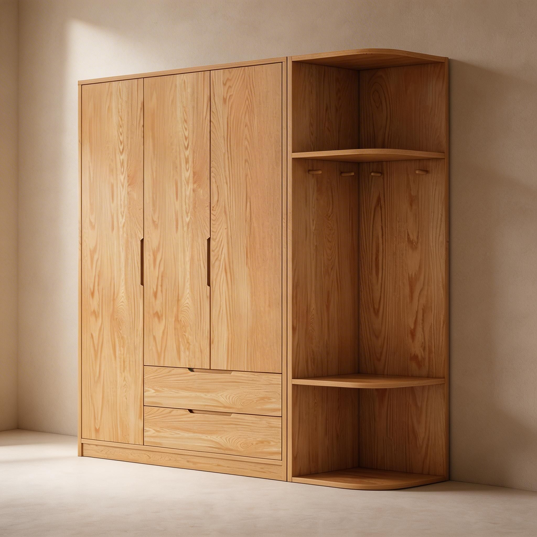 Modern Natural Wood Wardrobe Armoire with Sliding Doors, Drawers, and Shelves - image 77