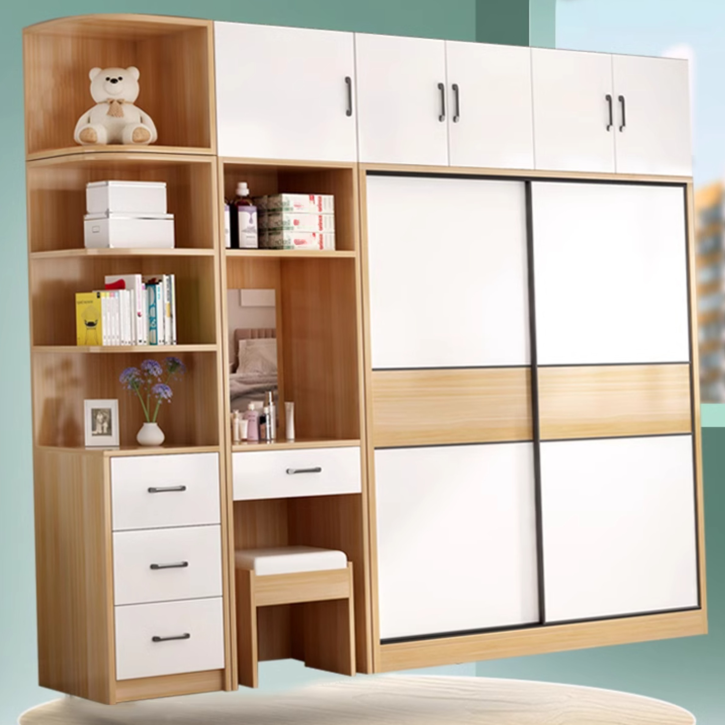 Natural Finish Modish Laminate Wardrobe Closet with 3-Drawer/4-Drawer, Interior Shelves, and Clothing Rod