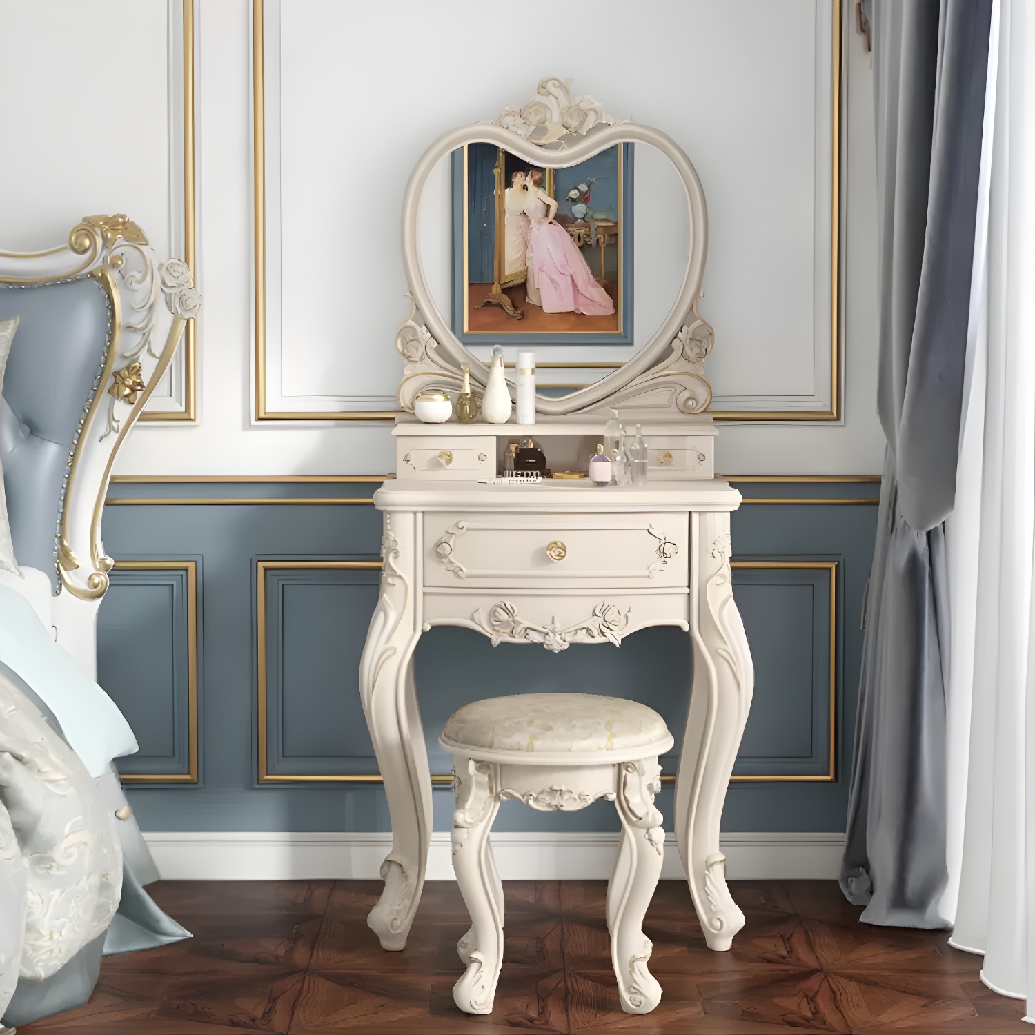 Elegant White Victorian Makeup Vanity Set with Wood Top & Mirror & Drawers & Upholstered Chair