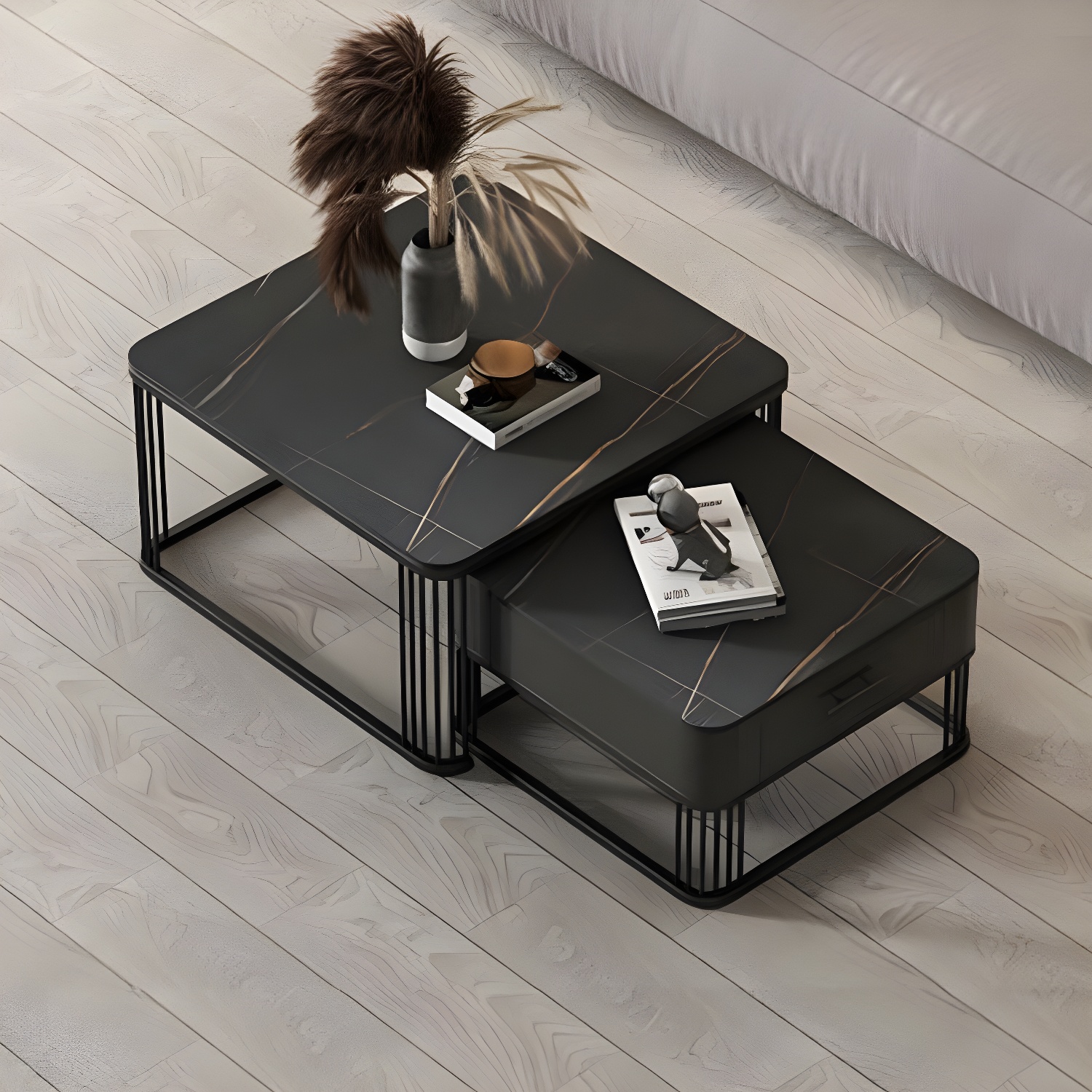 Square Slate Top Coffee Table with Drawers Frame Base 2 Nestling Cocktail Table