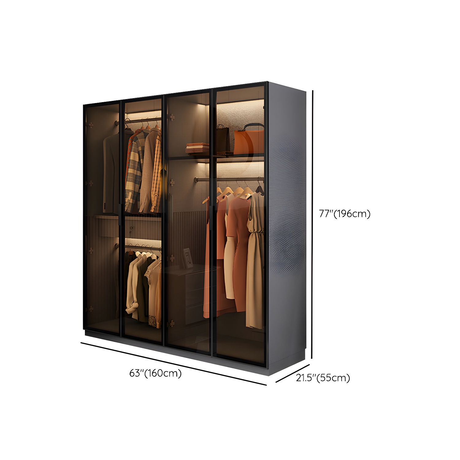 Bedroom Hinged Doors Storage Cabinet Glass Door Wardrobe with Garment Rod - image 15