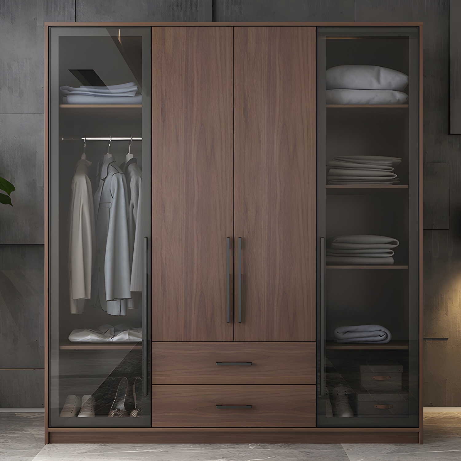 Brown Wood Wardrobe Armoire Modern Freestanding Wardrobe with Self Close Drawers