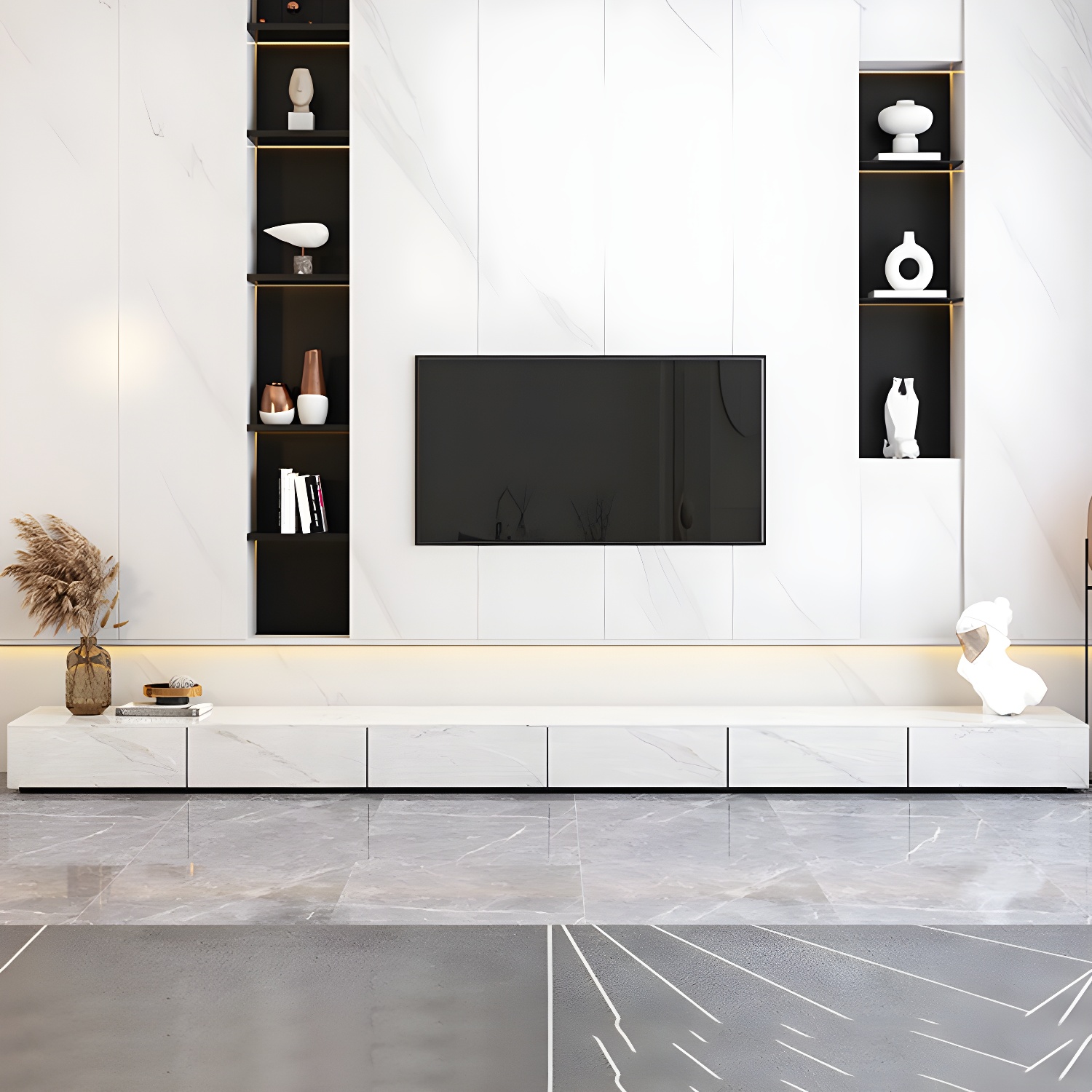 Stone TV Stand Modern TV Console with 6 Drawers Included, White