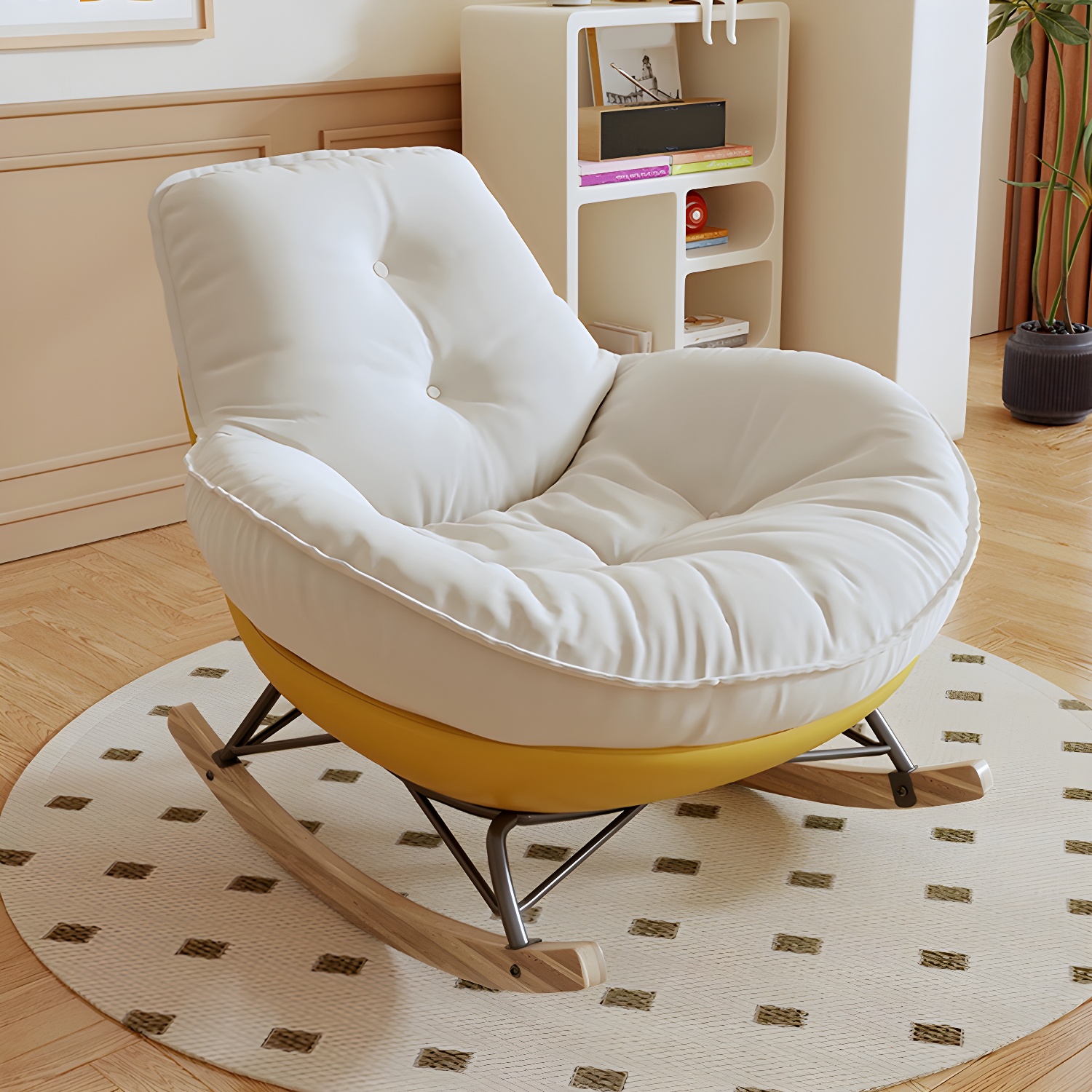 Indoor Contemporary Rocking Chair with Beige Upholstered and Wood Legs - image 5