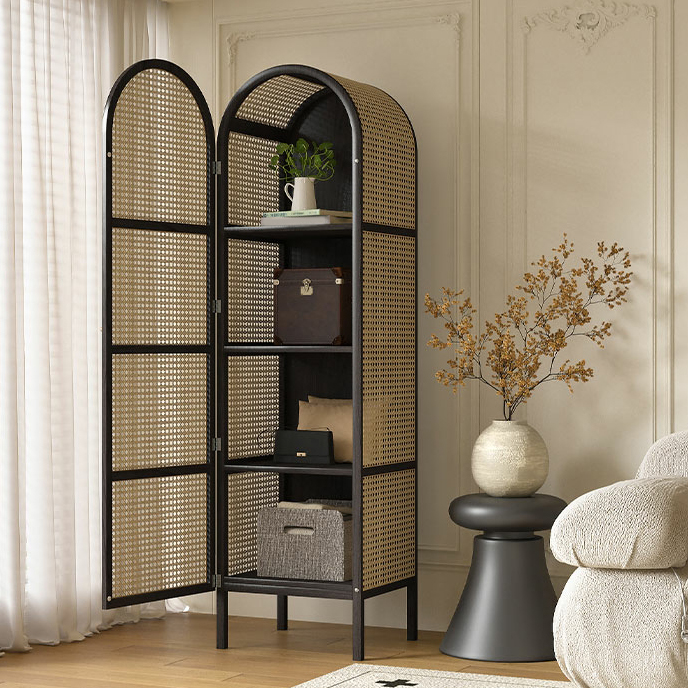 Scandinavian Rattan Wood Wardrobe with 4 Feet and Shelves for Bedroom - image 5