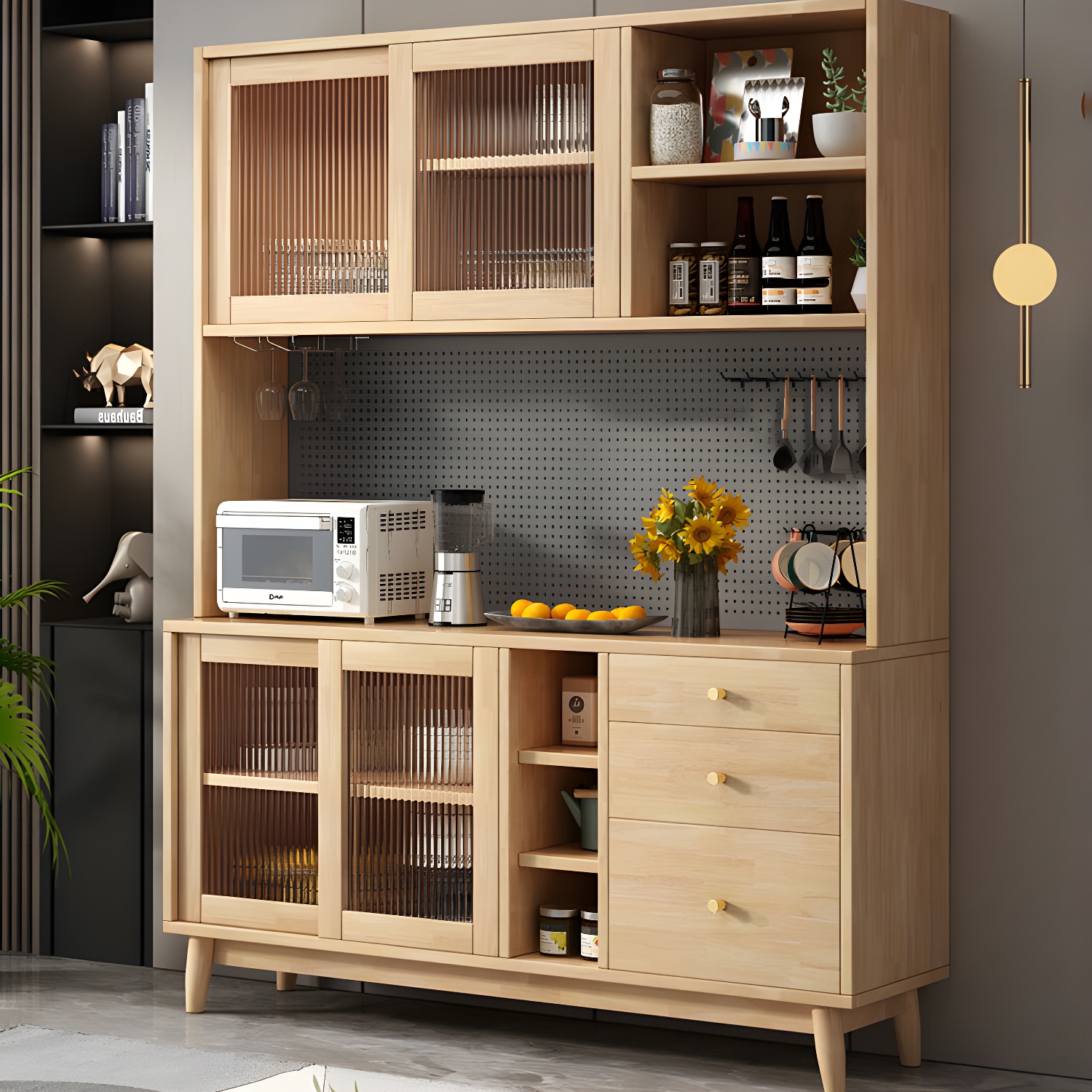 Modern Style Solid Wood Storage Sideboard Cabinet with Glass Doors and Drawers - image 8