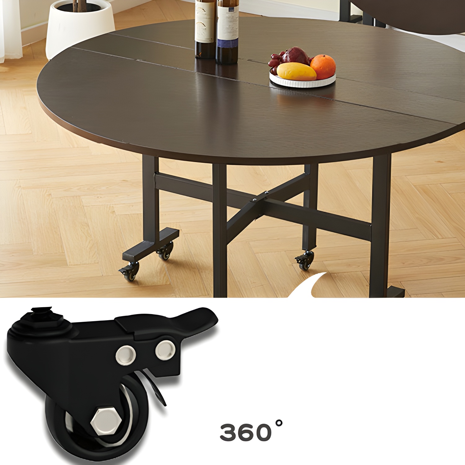 Modern Foldable Manufactured Wood Round Top Dining Table with Movable Steel Black Trestle - image 8