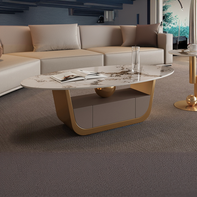 Glamorous Oblong Stone Coffee Table with Abstract Base, Scratch-proof and Drawer for Small Spaces