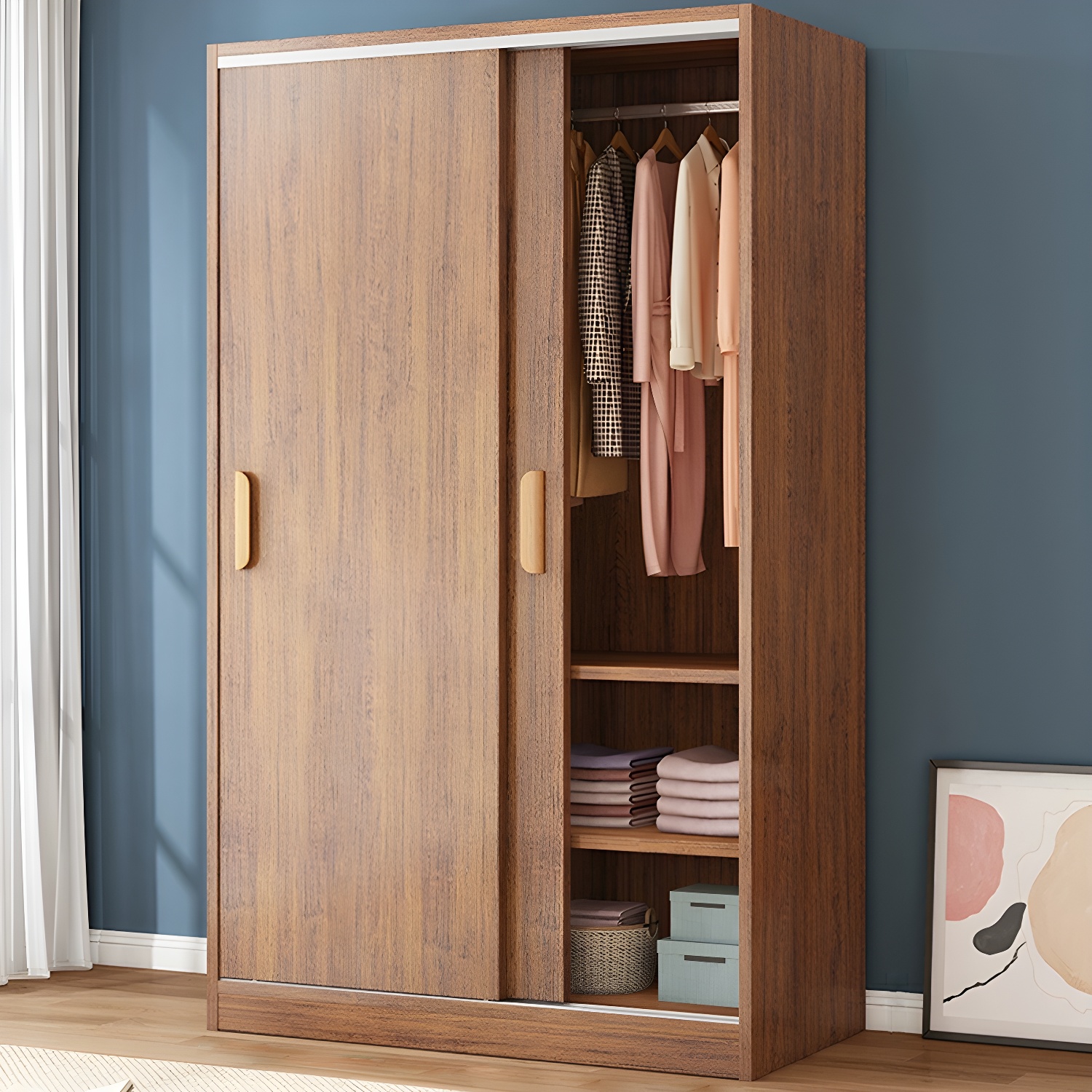 Contemporary Wood Wardrobe Armoire with Sliding Doors, Clothing Rod, and Interior Shelves