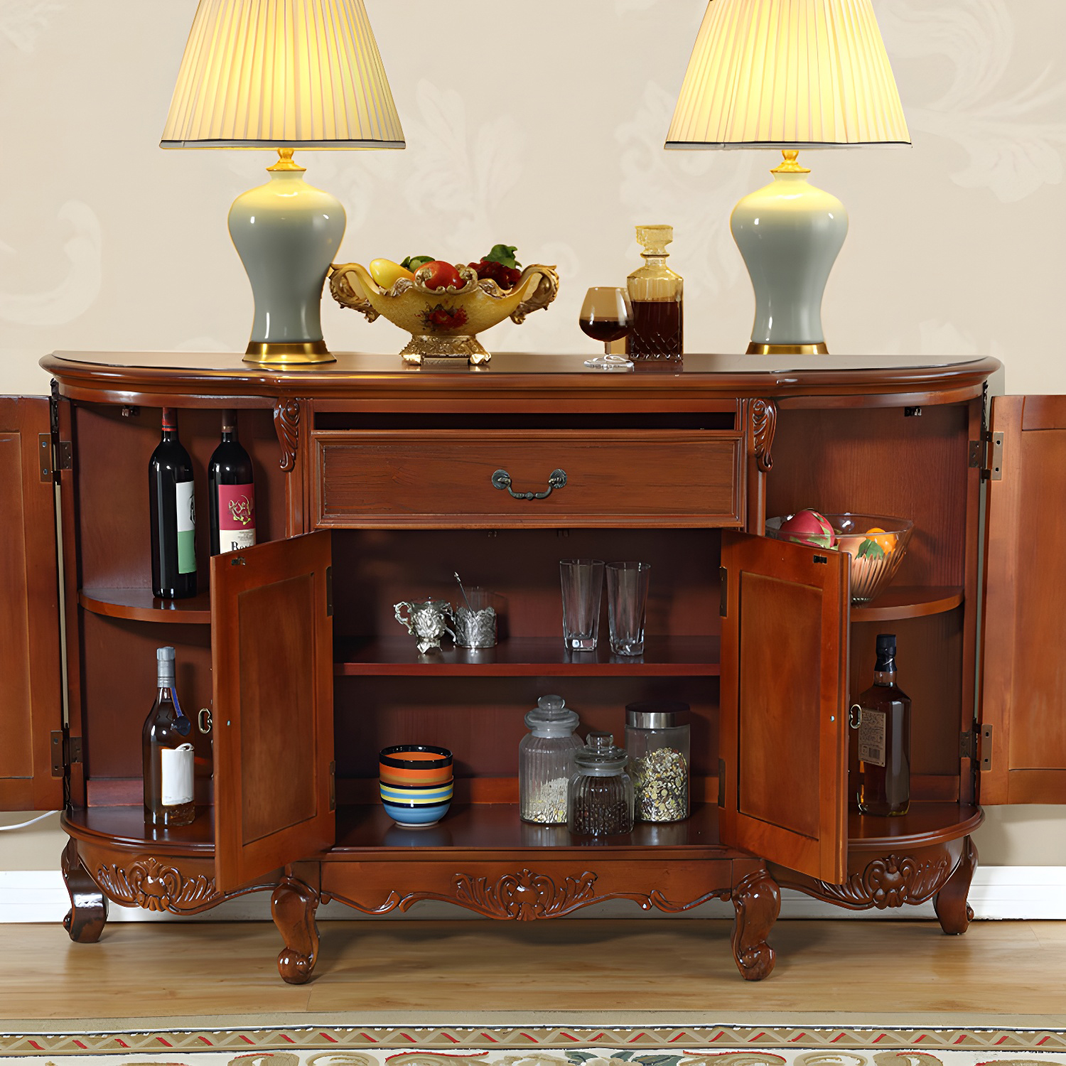 Traditional Style Wood Sideboard Credenza with 4 Cabinets and Drawers and 3 Interior Shelves - image 3