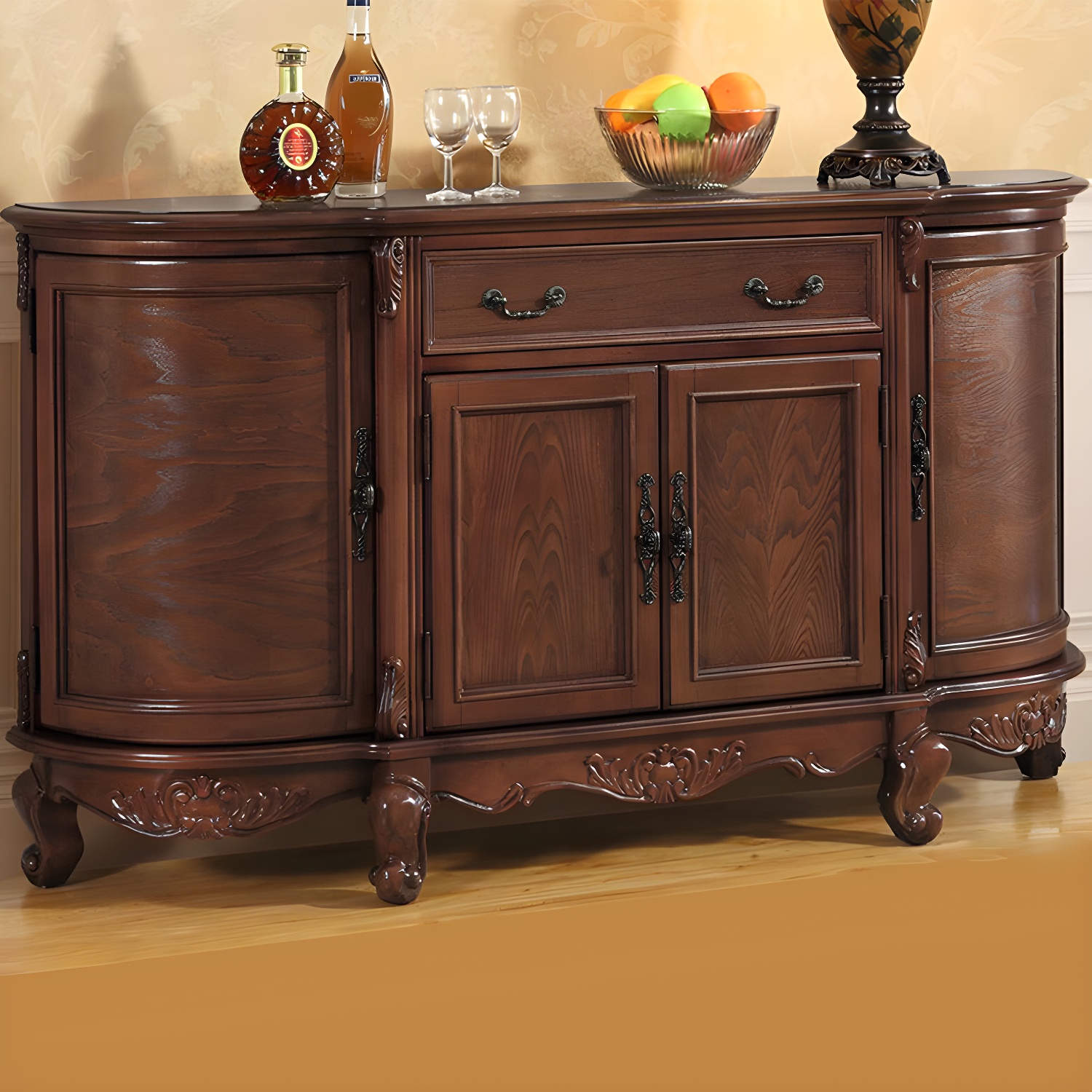 Traditional Style Wood Sideboard Credenza with 4 Cabinets and Drawers and 3 Interior Shelves - image 9