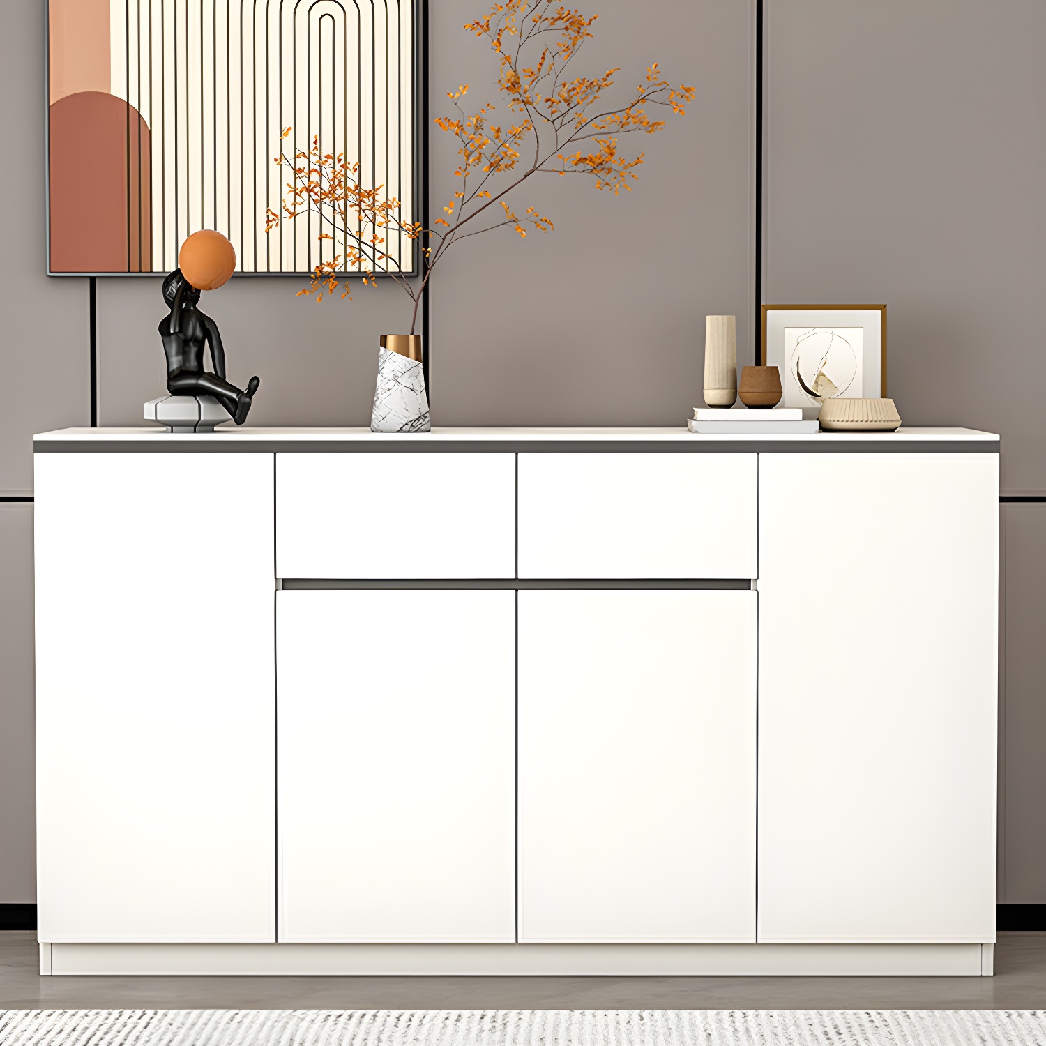 Modern Wood Sideboard Credenza with Drawers and Cabinets - Stone Countertop - image 3