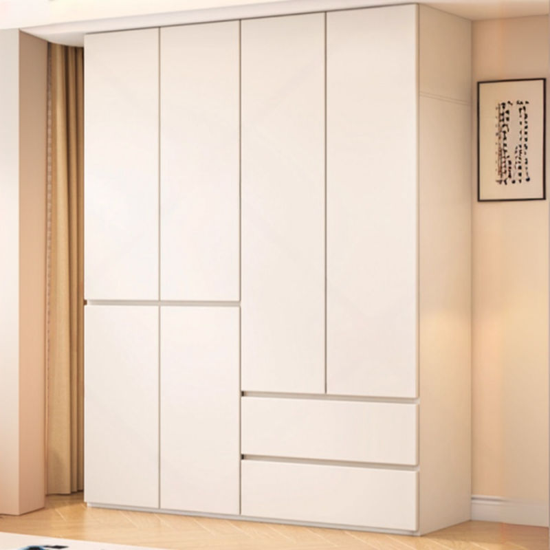 White Minimalist Wooden Independent Wardrobe Closet with 2 Drawers, Soft Close Door, and Interior Shelves