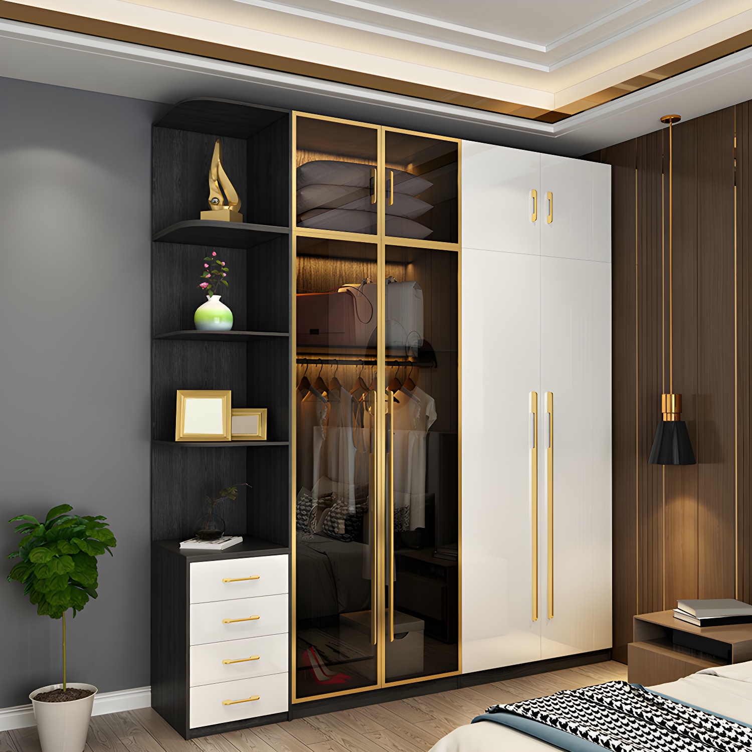 Modern Tempered Glass Doors Wardrobe Wood Frame Wardrobe without Light