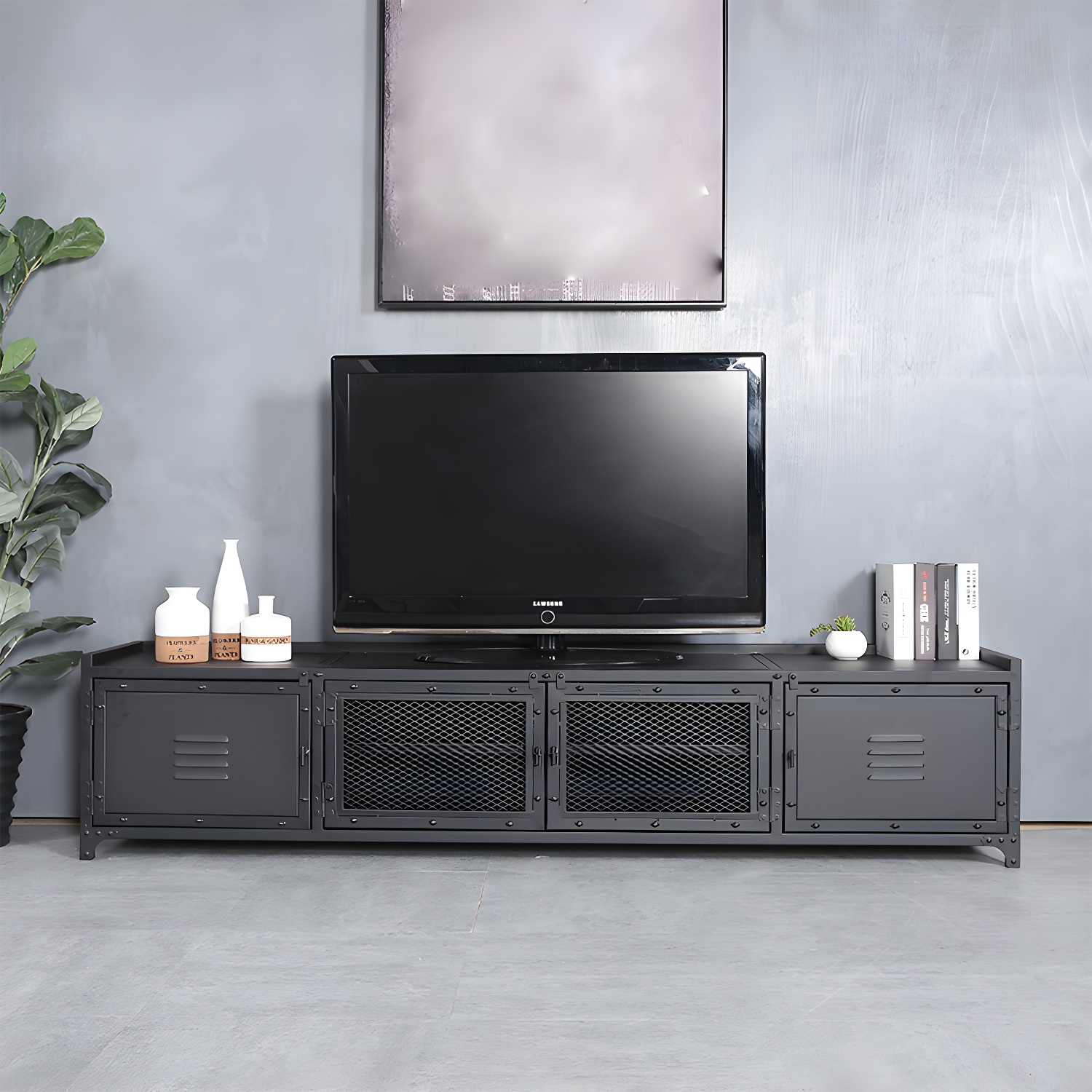 Industrial Style Metal TV Stand Black Colour Enclosed Storage TV Console with Cabinet