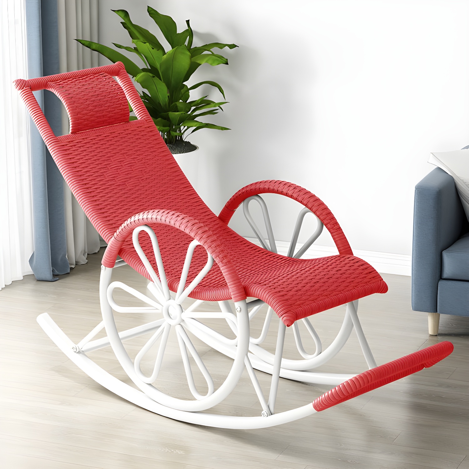 Rattan Modern Rocking Chair Woven Rope Rocker Chair in Black - image 7