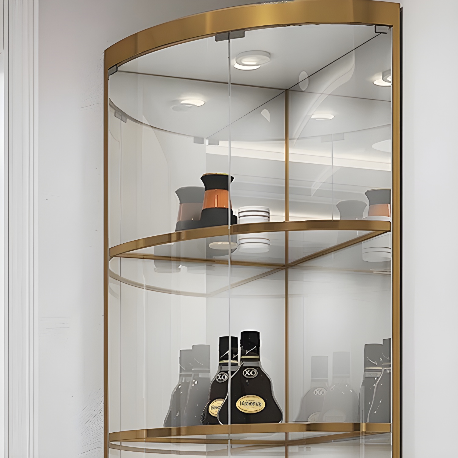 Corner Modern Accent Cabinet with Wood Counter Top, Glass Doors, and Metal Base - image 10