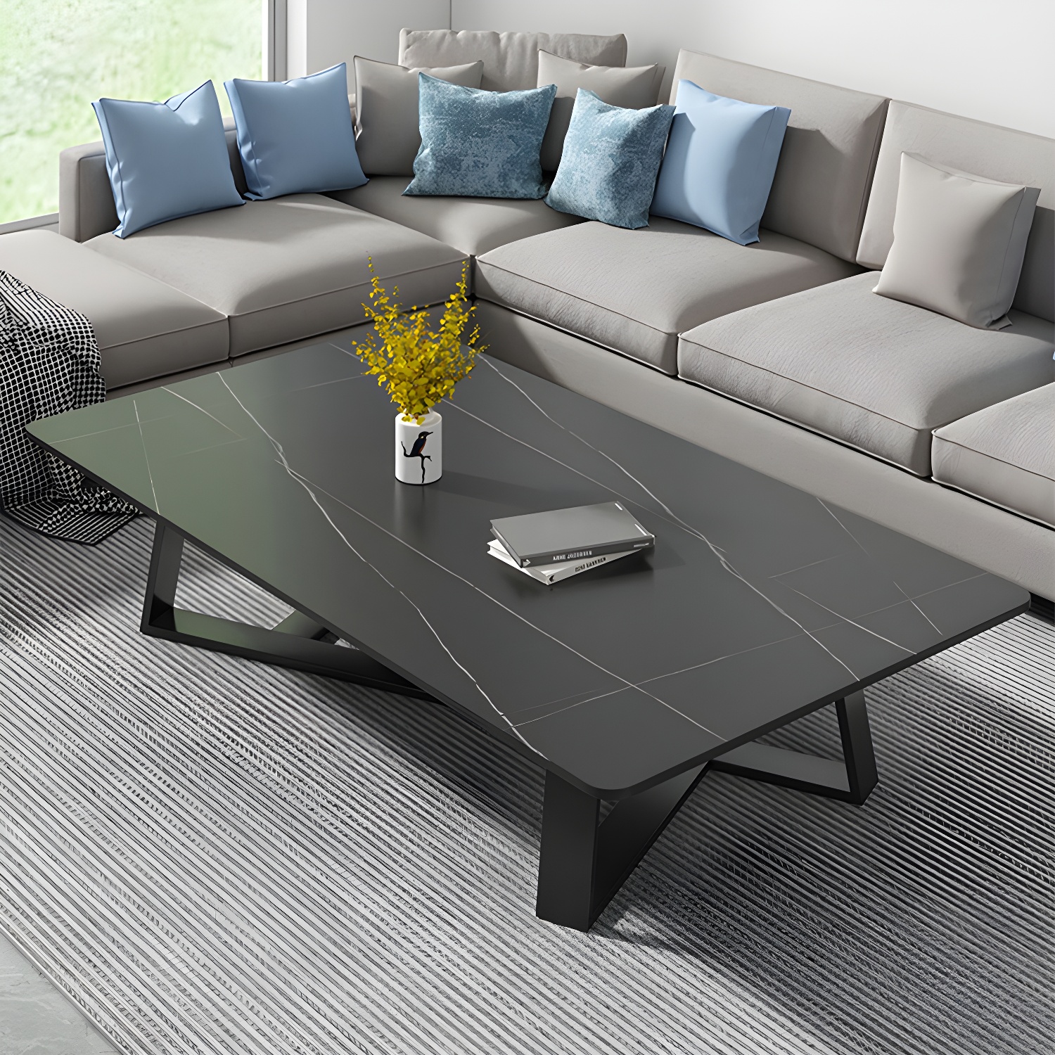 Stone and Metal Coffee Table Contemporary Coffee or End Table with Cross Legs - image 6
