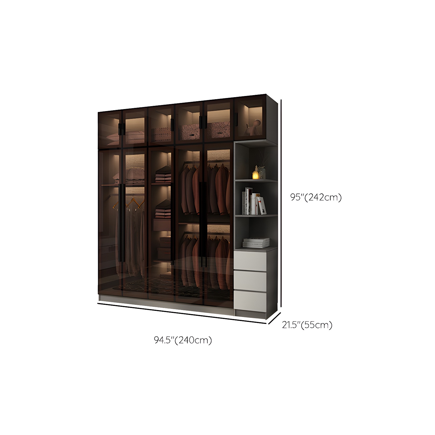 Modern Glass Hinged Doors Wardrobe Armoire Wood Frame Wardrobe with Shelves without Light - image 33