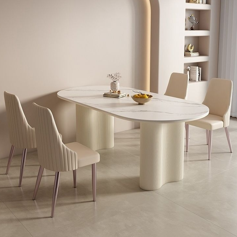 Modern Simple Style Oval Slate Dining Table Set with Dual Footing, Solid Back Panel in Chalk Color - image 3