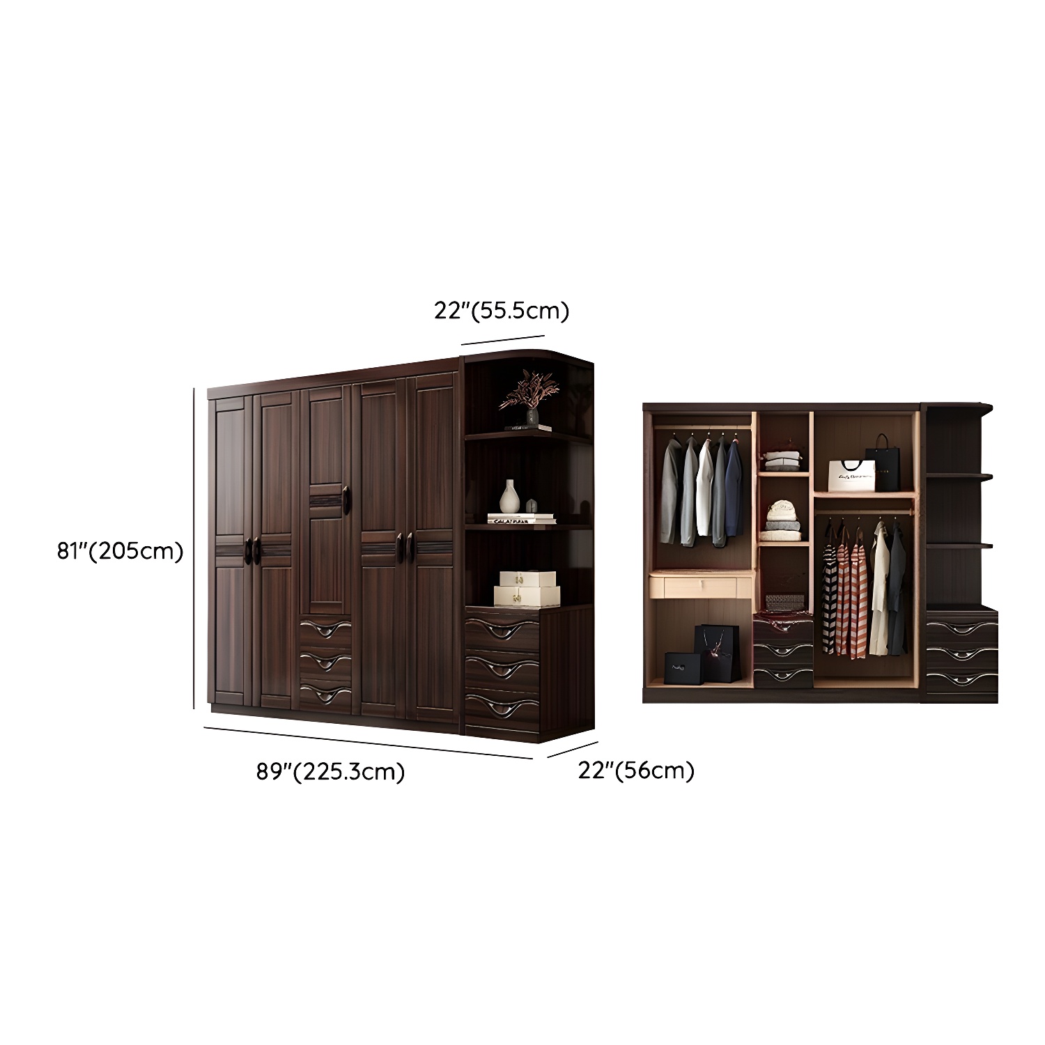 Traditional Black-brown Storage Wood Wardrobe with Clothing Rod and Shelves - image 15