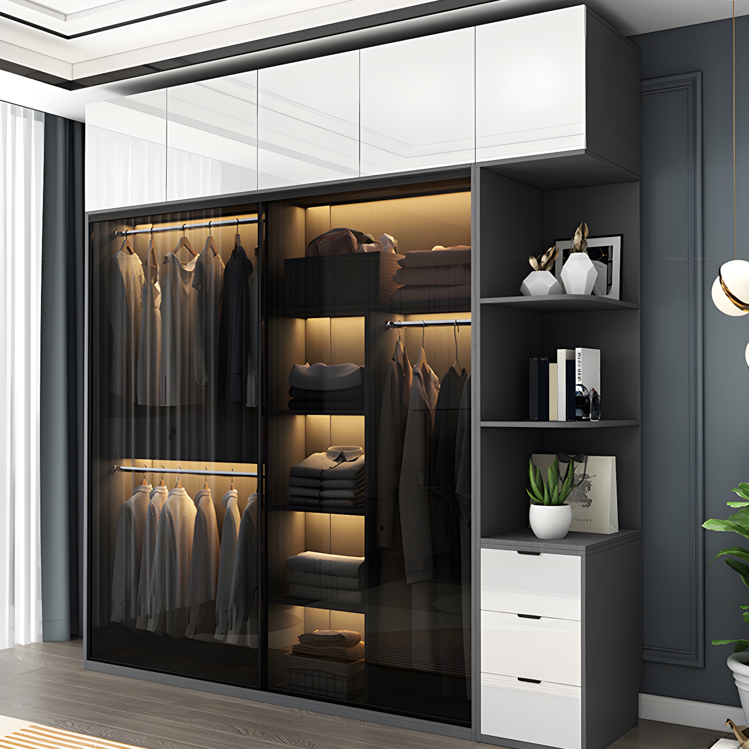 Modern Style Glass Wardrobe 1-Drawer Bedroom Wardrobe Closet - image 3