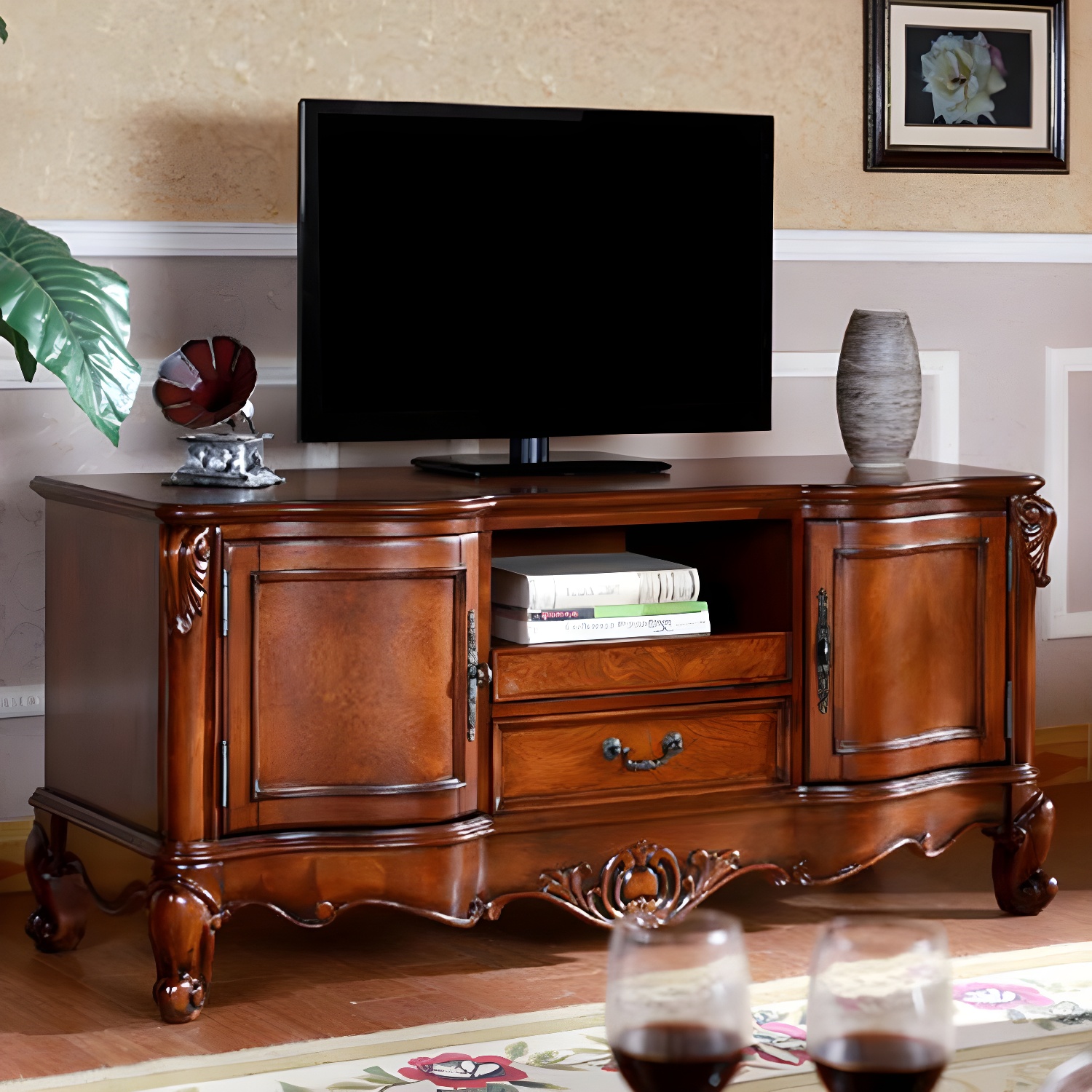 Brown Wooden TV Stand Console Traditional Style Home TV Cabinet with Drawers - image 4