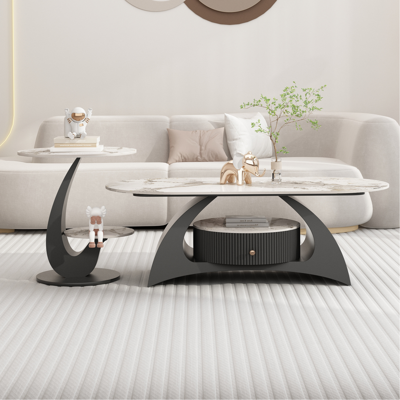 Mission Style Single/Bunching Slate Top Abstract Base White Oval Board Game Coffee Table with 1 Drawer - image 4