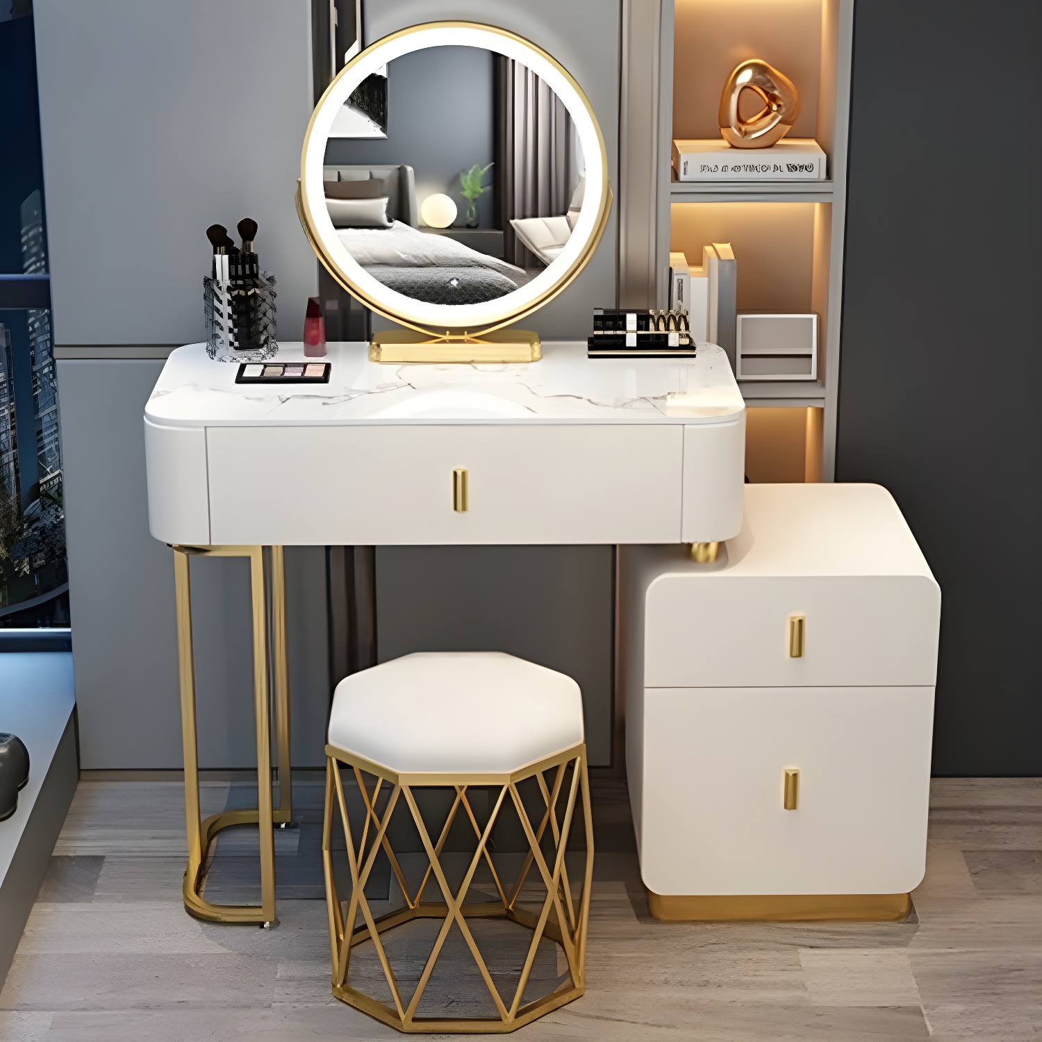 Modern Stone Top Makeup Vanity Desk with Solid Wood Storage Drawers - image 5