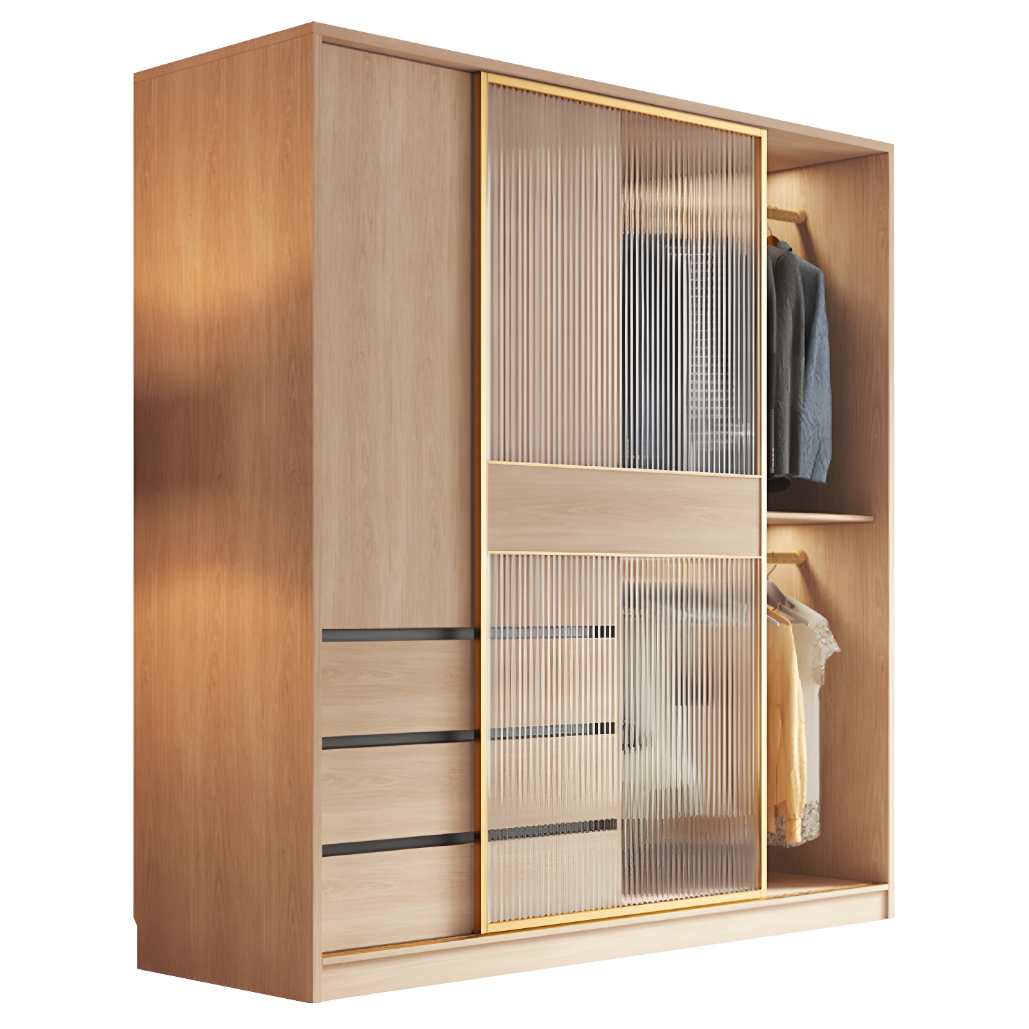 Contemporary Glass Sliding Doors Wardrobe Natural Wood Wardrobe with Drawers - image 5
