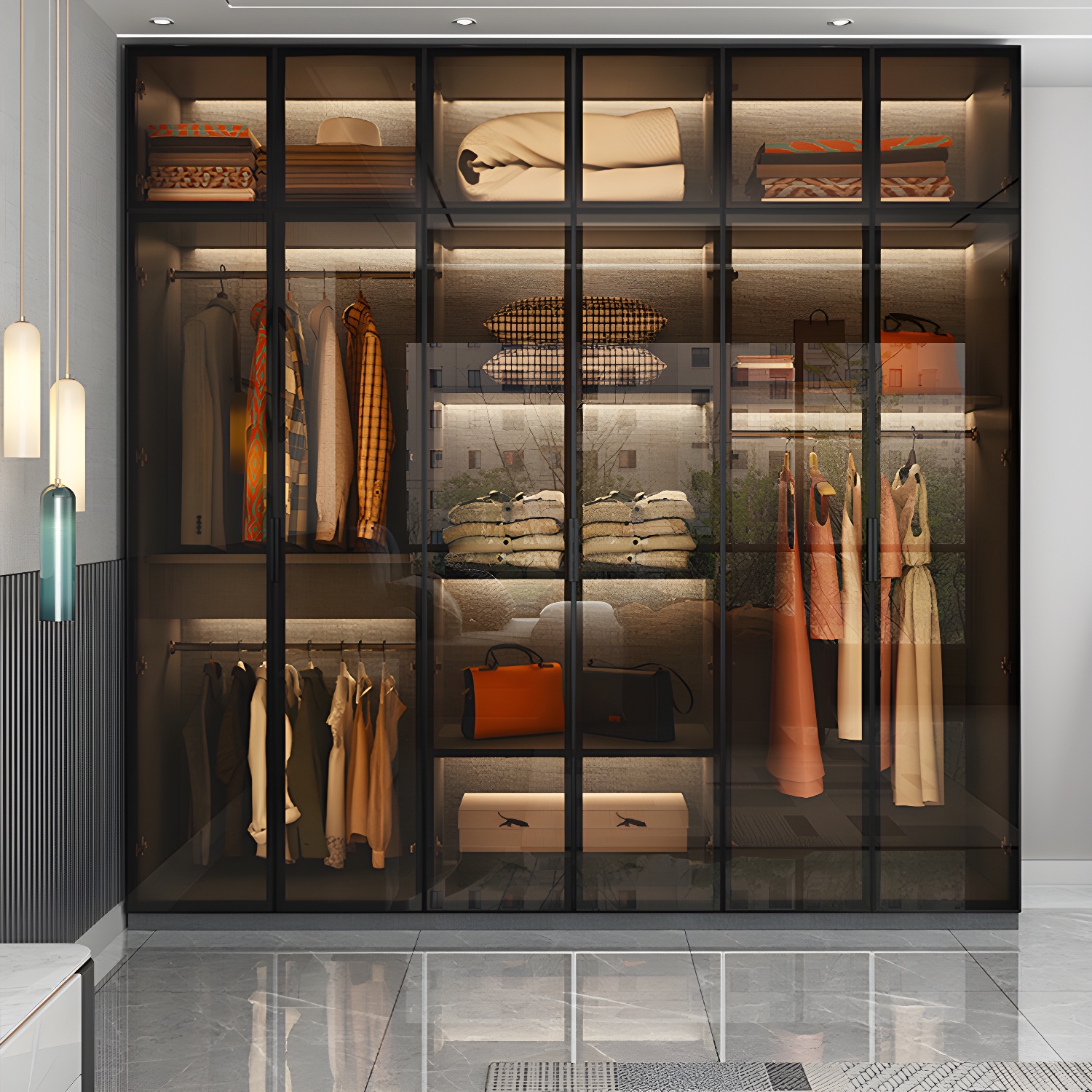 Bedroom Hinged Doors Storage Cabinet Glass Door Wardrobe with Garment Rod - image 3