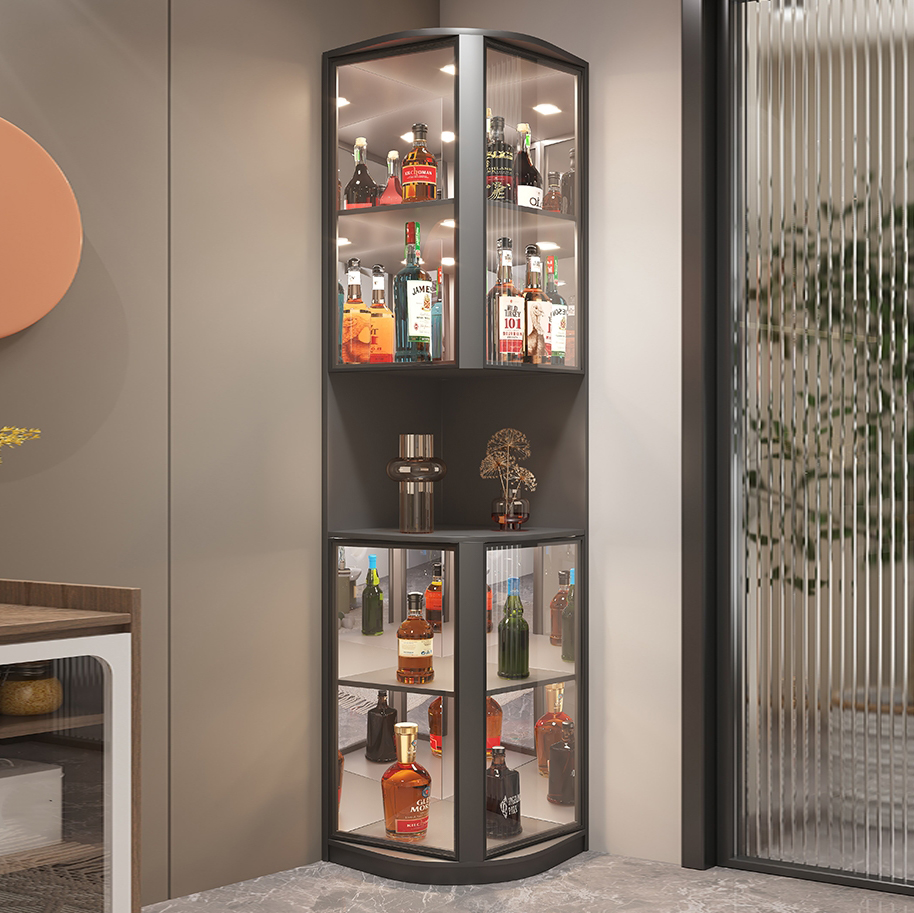 Modern Gray Corner Accent Cabinet with Glass Doors and 2 Shelves