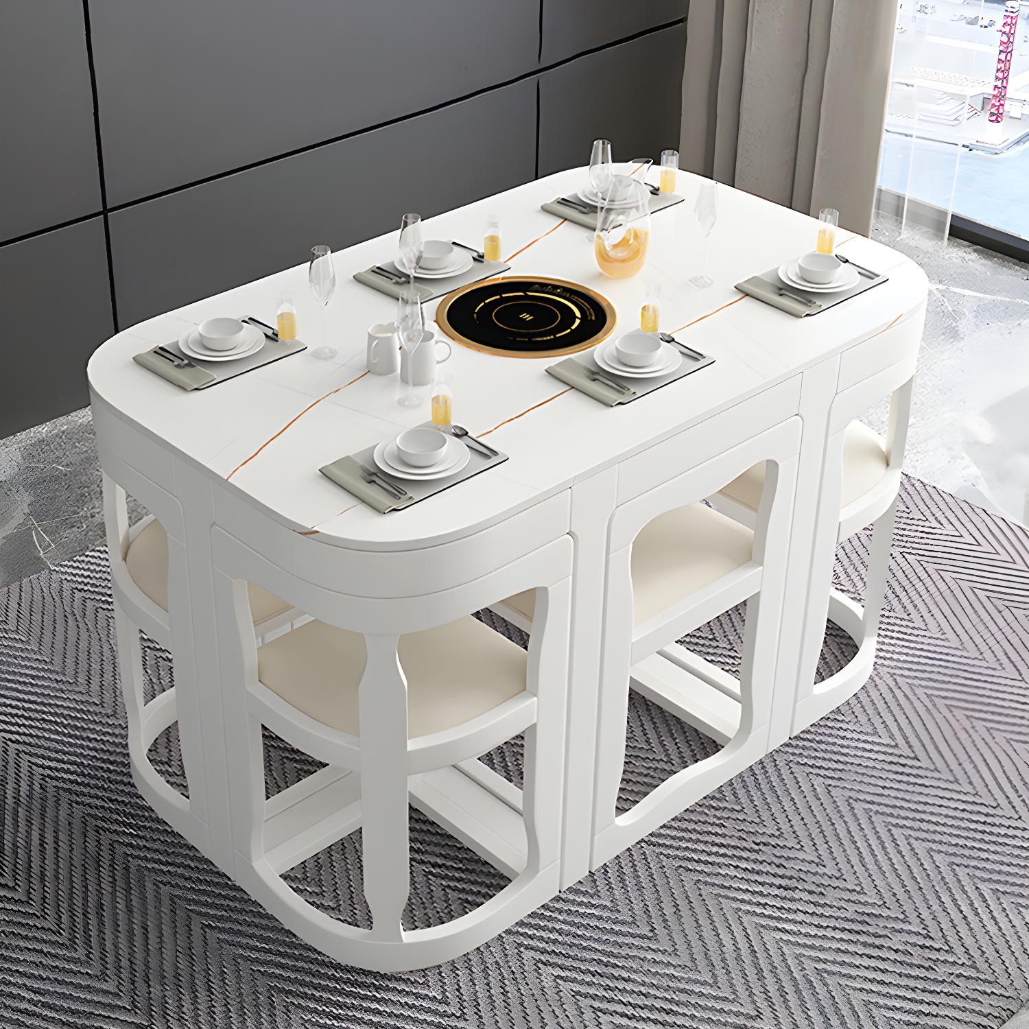 7-Piece Modern Wood Dining Set with Trestle Base and Upholstered Chairs in White - Seats 6 - image 22