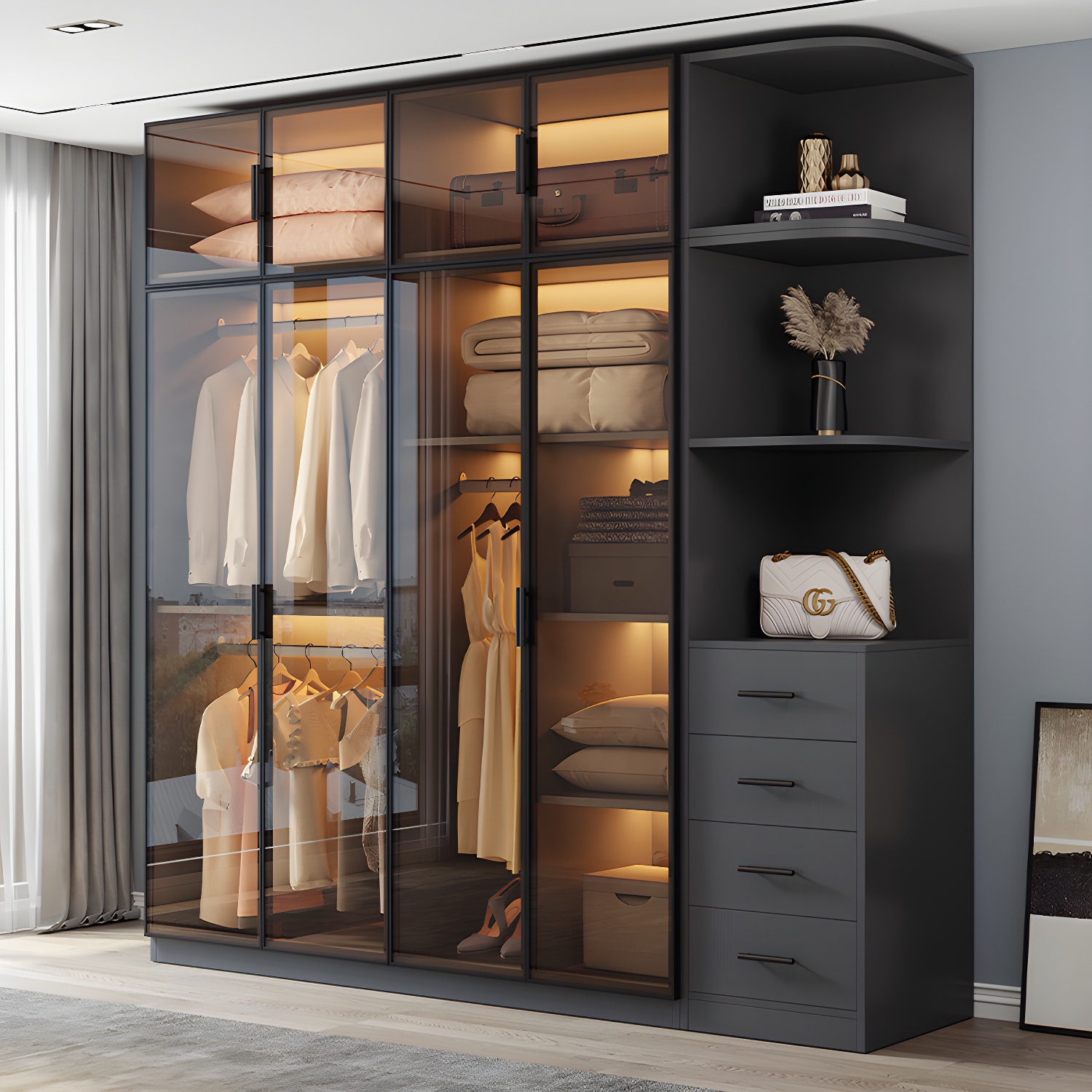 Freestanding Tempered Glass Wardrobe Modern Wardrobe with Garment Rod - image 10