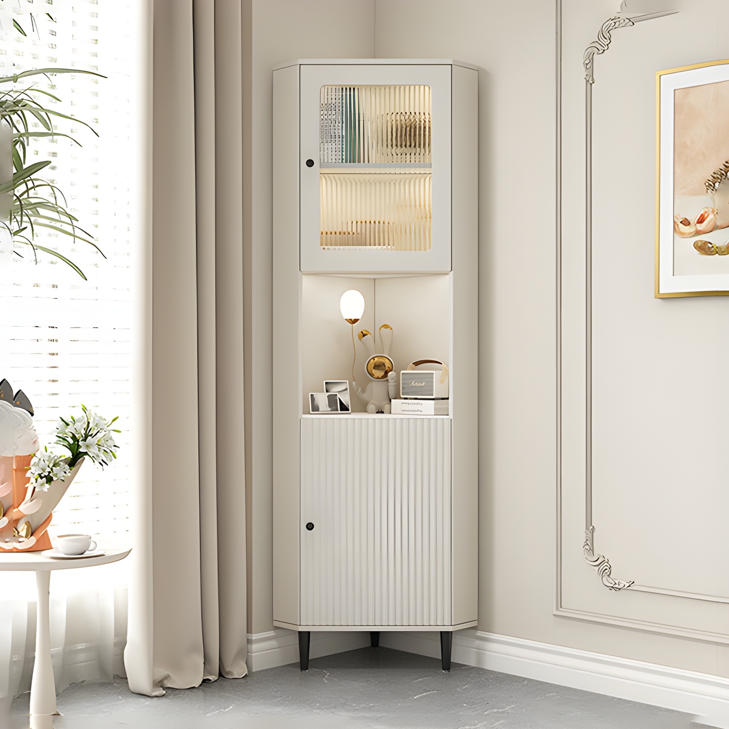 White Corner Modern Accent Cabinet with Stone Countertop, Glass Doors, and Cabinet Included - image 3