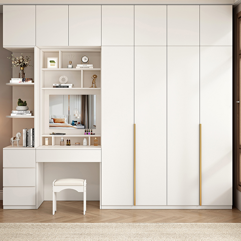 White Modish Wooden Armoire Cabinet with Soft Close Drawer, Soft Close Door, Interior Shelves, and Clothing Rod