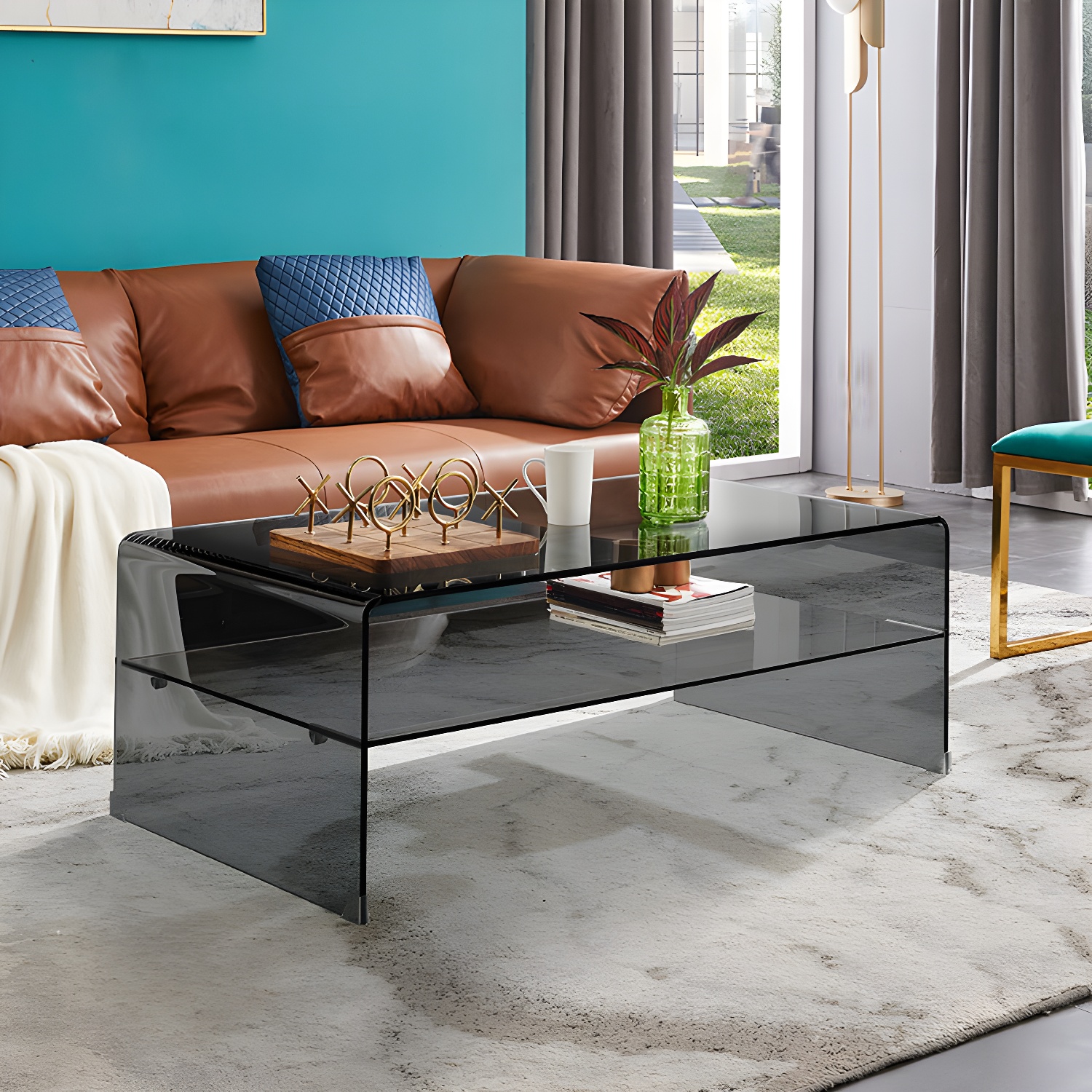 Modern Rectangle Glass Coffee Table Sled Base Cocktail Table with Shelf