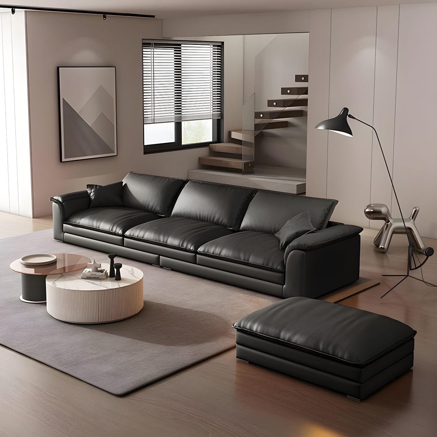 Black Cushion Back 30'' Interface Genuine Leather Sofa Pillow Top Arm