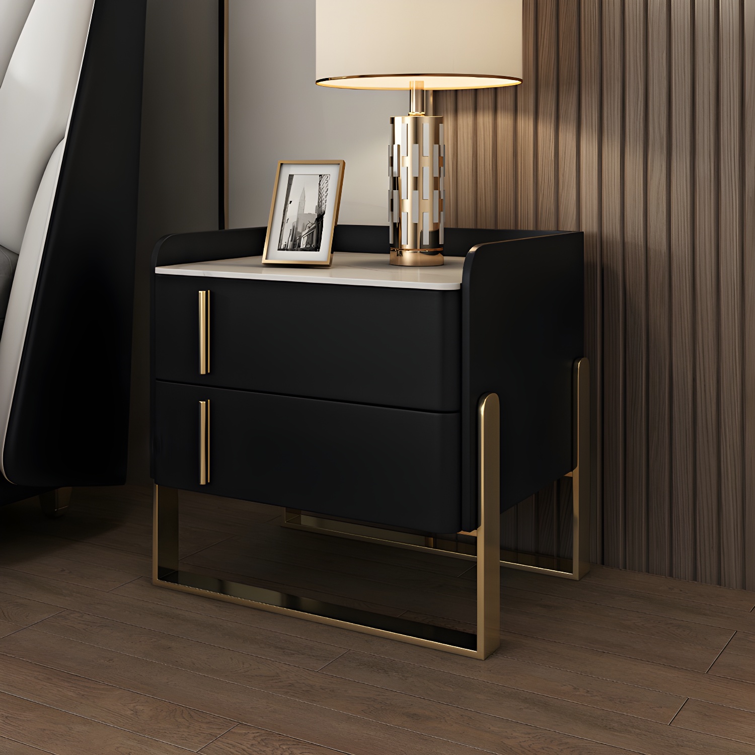 Glam Nightstand with 2 Drawer 20-inch Tall Leather Night Table