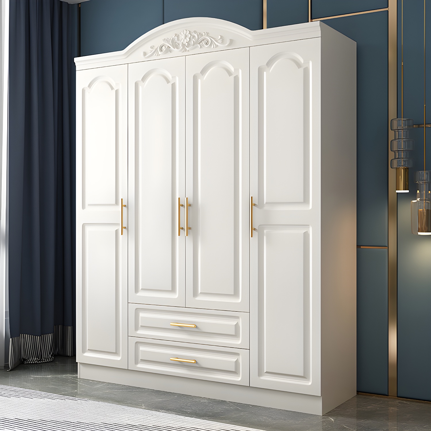 Engineered Wood Armoire Glam White Wardrobe Cabinet with 2 Drawers - image 5