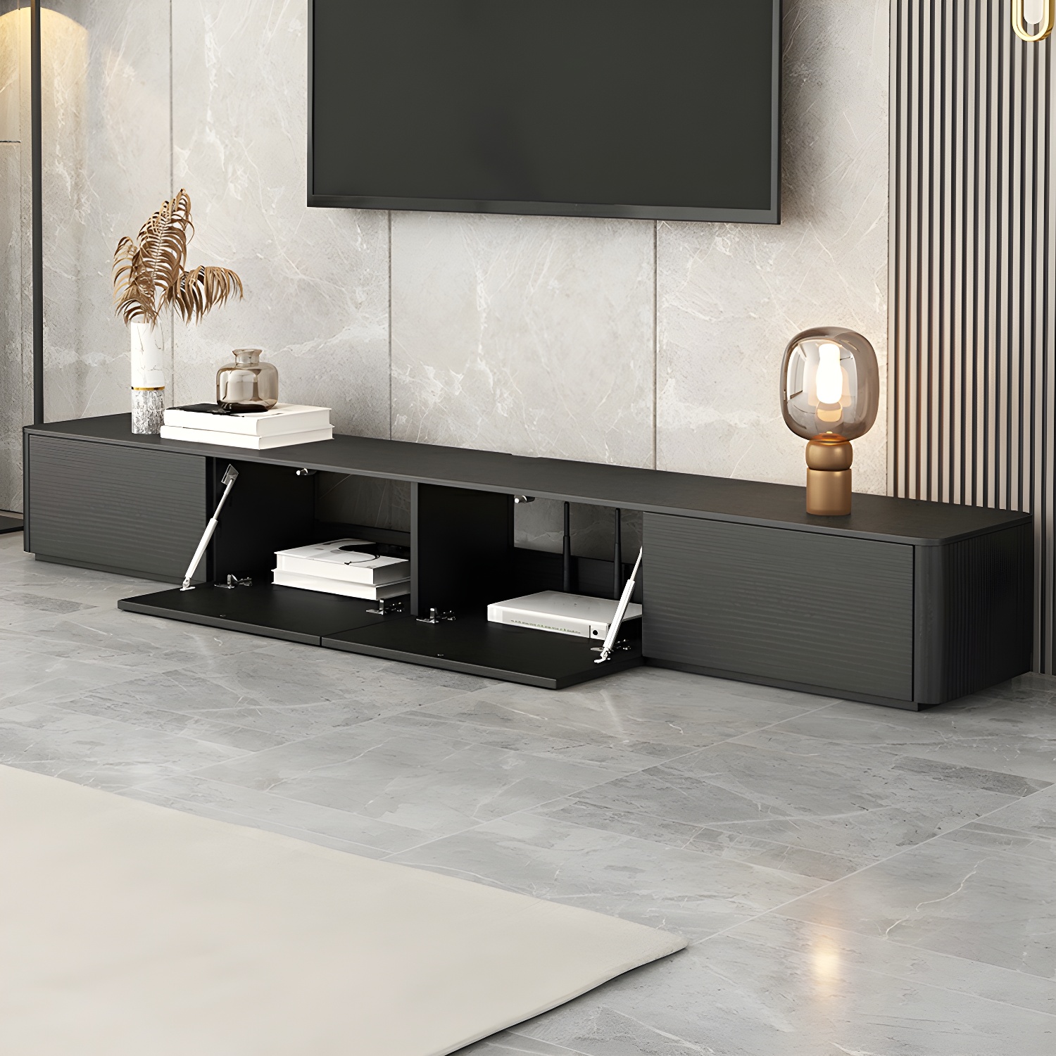 Black Wood TV Stand with Drawers and Cable Management – Modern Style and Low Height - image 4