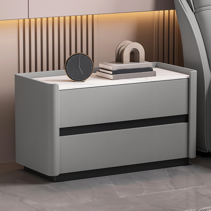 Modern Faux Leather Nightstand with 2 Drawers in Stone Countertop - image 7