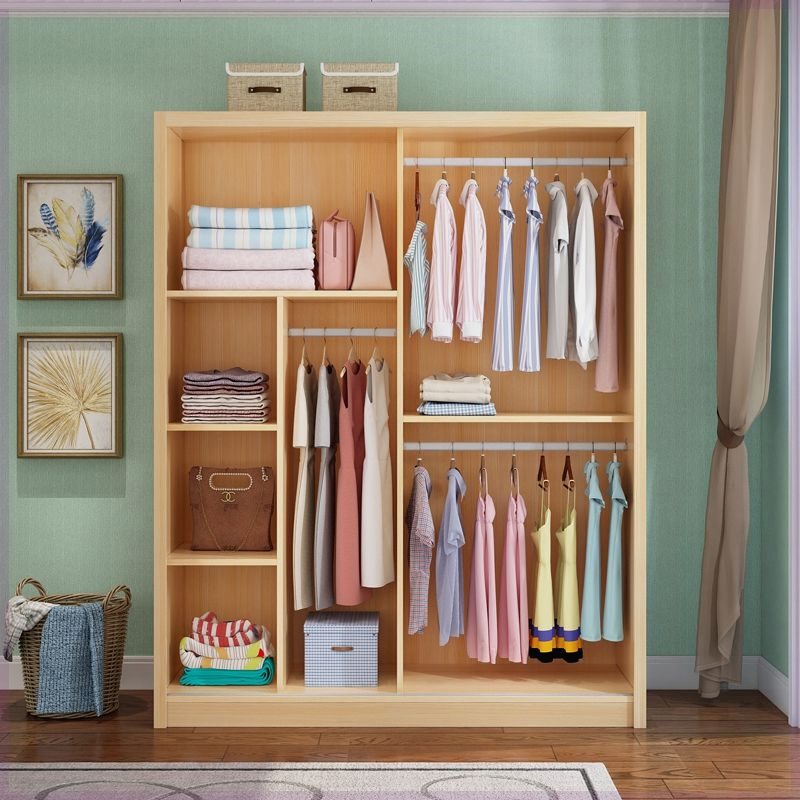 Natural Finish Modish Pine Wood Wardrobe Closet with Interior Shelves and Clothing Rod